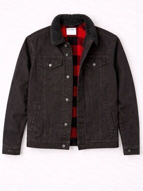 Old Navy Sherpa Lined Black Denim Jacket Mens M Tall Plaid Flannel Trucker Coat